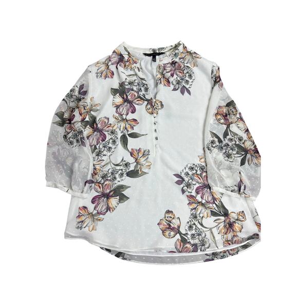 White House Black Market Blouse Women’s 12 Sheer Floral Print 3/4 Sleeve Top - Picture 1 of 7